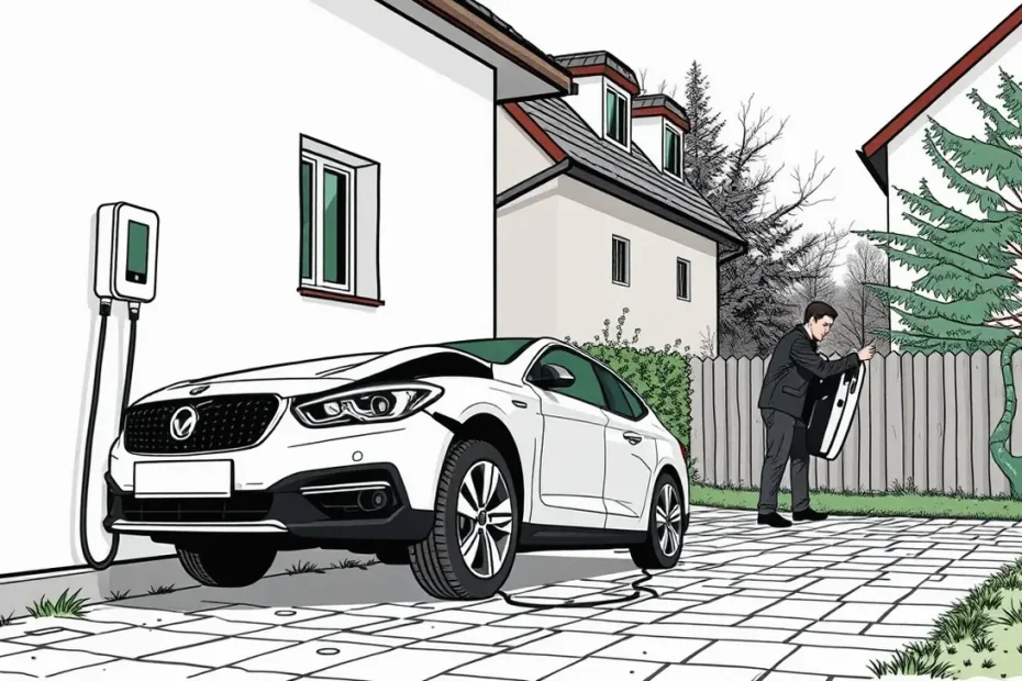 Pevne namontovaný wallbox na stene rodinného domu s pripojeným nabíjacím káblom