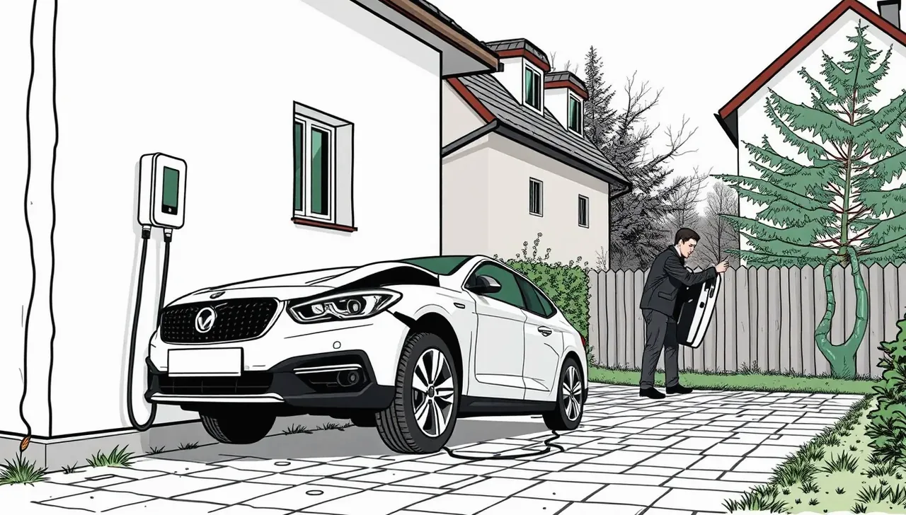 Pevne namontovaný wallbox na stene rodinného domu s pripojeným nabíjacím káblom