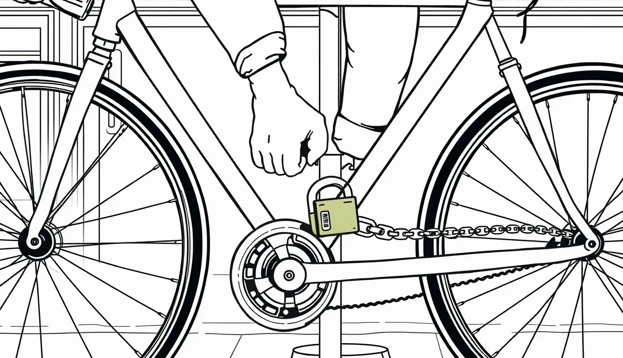 Moderný elektrobicykel pripútaný masívnym zámkom k stojanu pred budovou
