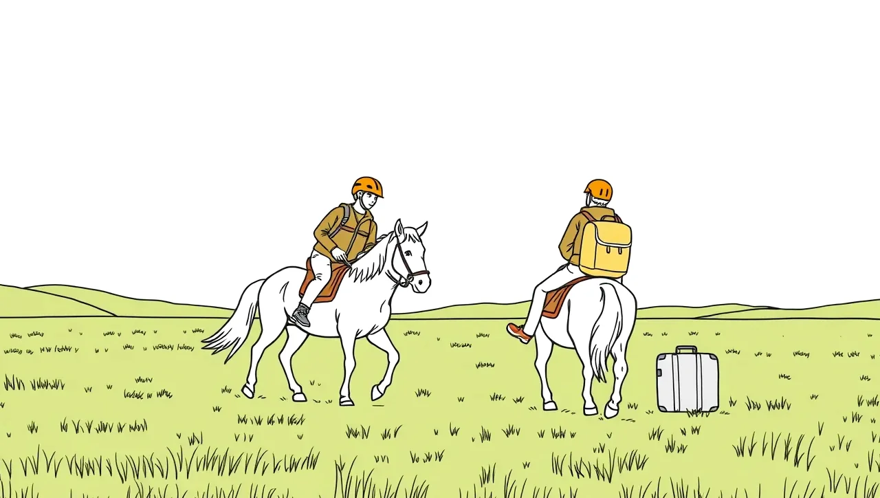 Turisti na koňoch prechádzajú rozľahlou stepou v podhorí mongolského pohoria