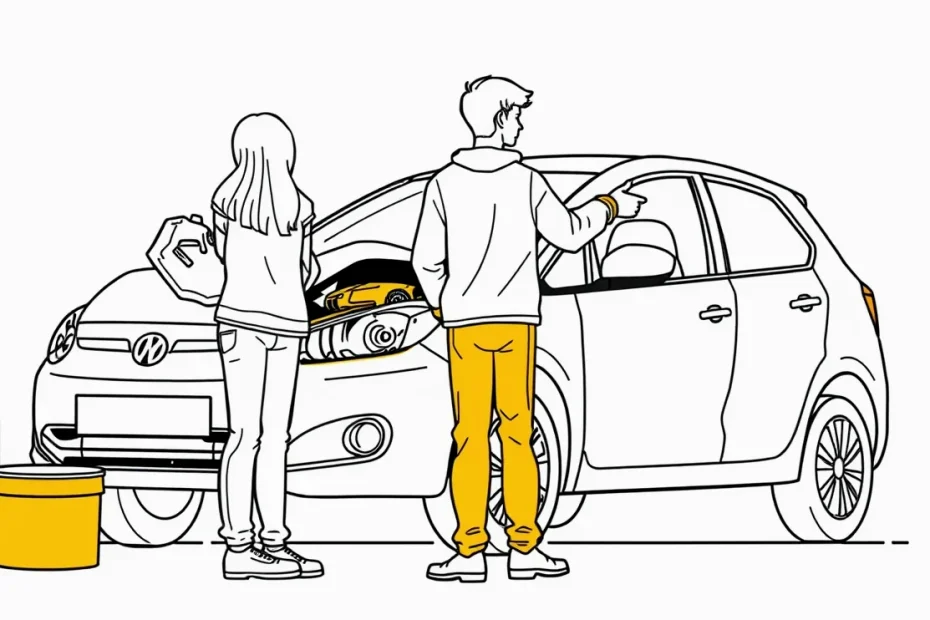 Mladý vodič kontroluje motorový priestor osobného auta na parkovisku