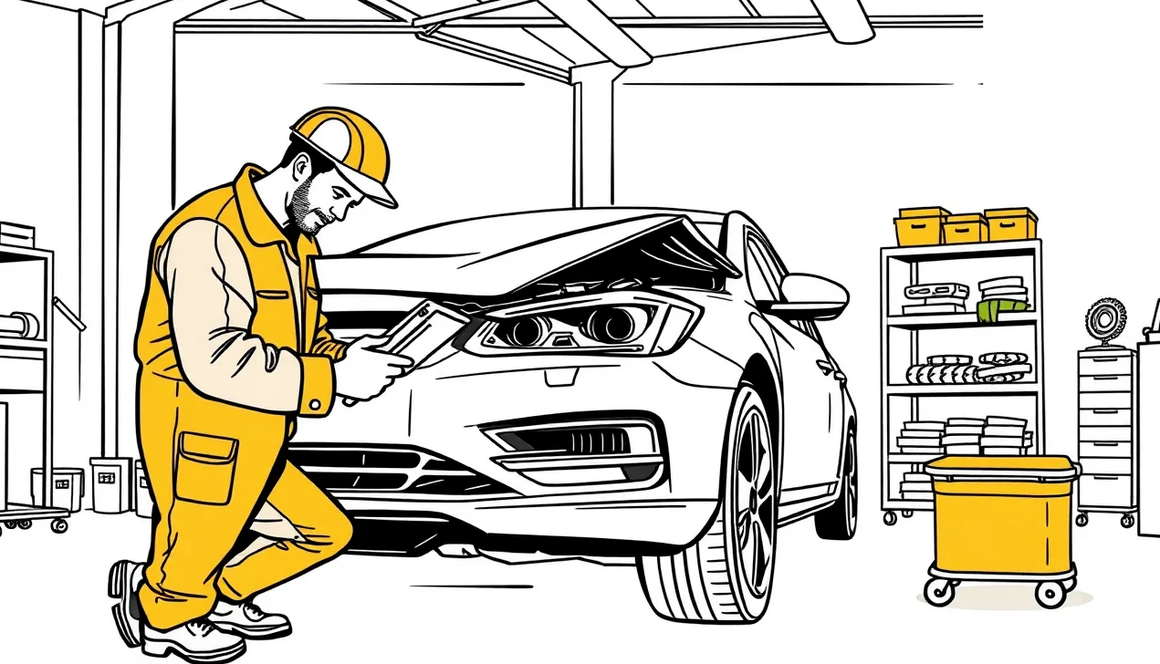 Detail poškodeného blatníka a svetlometu vozidla v autoservise
