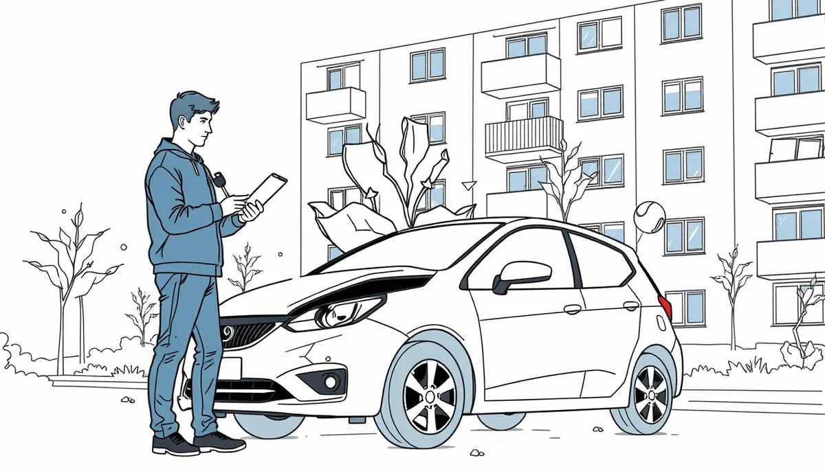 Mladý vodič a starší muž kontrolujú prednú kapotu ojazdeného strieborného auta pred domom
