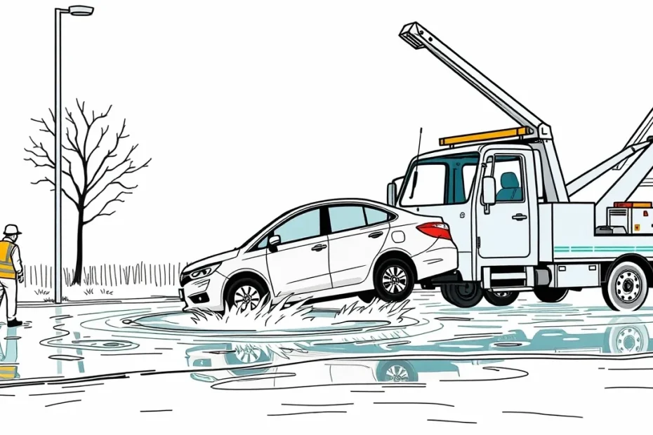 Osobné auto stojace v hlbokej vode na zaplavenej vozovke