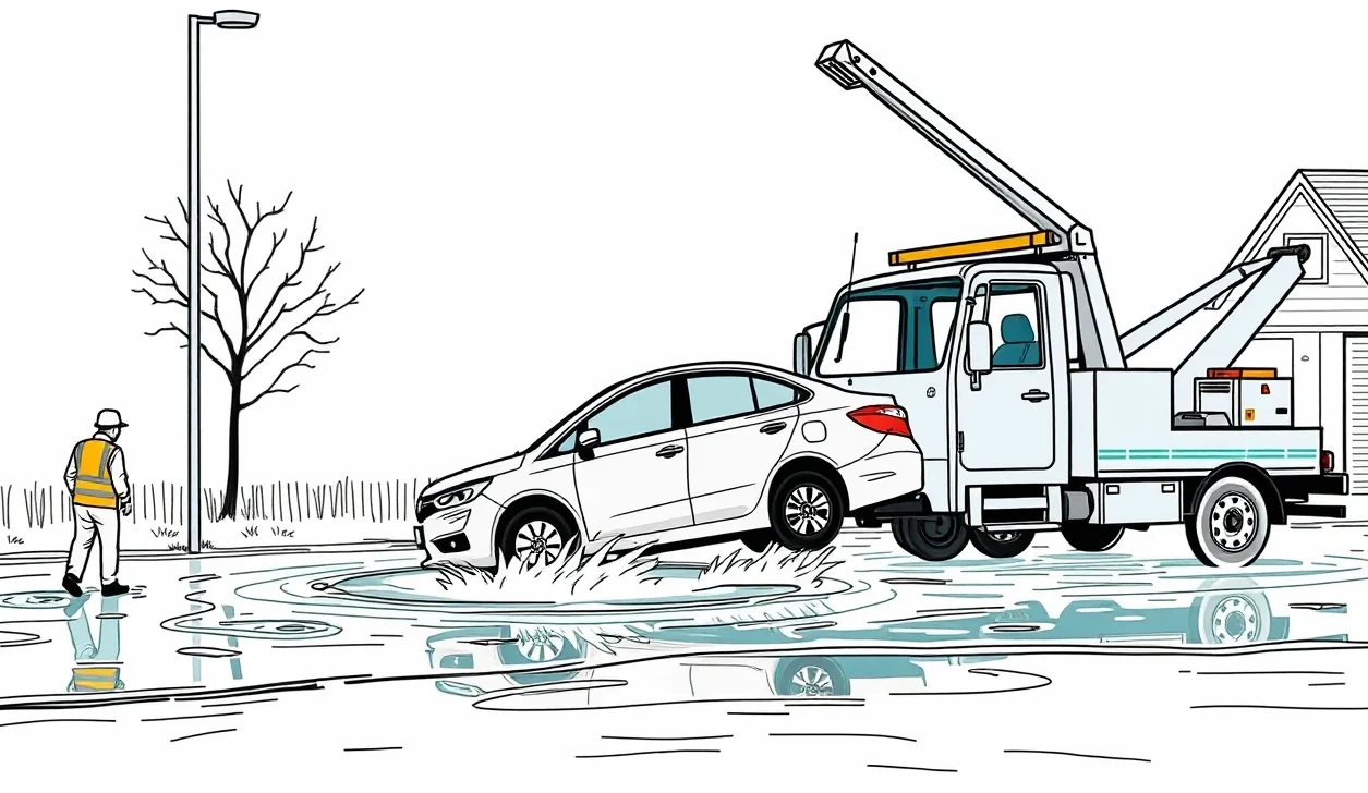 Osobné auto stojace v hlbokej vode na zaplavenej vozovke