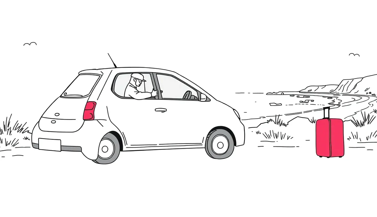 Prenajaté biele auto zaparkované pri poľnej ceste neďaleko útesov