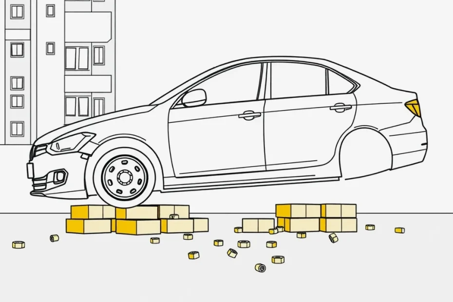 Osobné auto stojace na betónových tvárniciach bez kolies na sídliskovom parkovisku