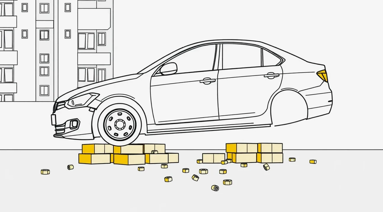 Osobné auto stojace na betónových tvárniciach bez kolies na sídliskovom parkovisku