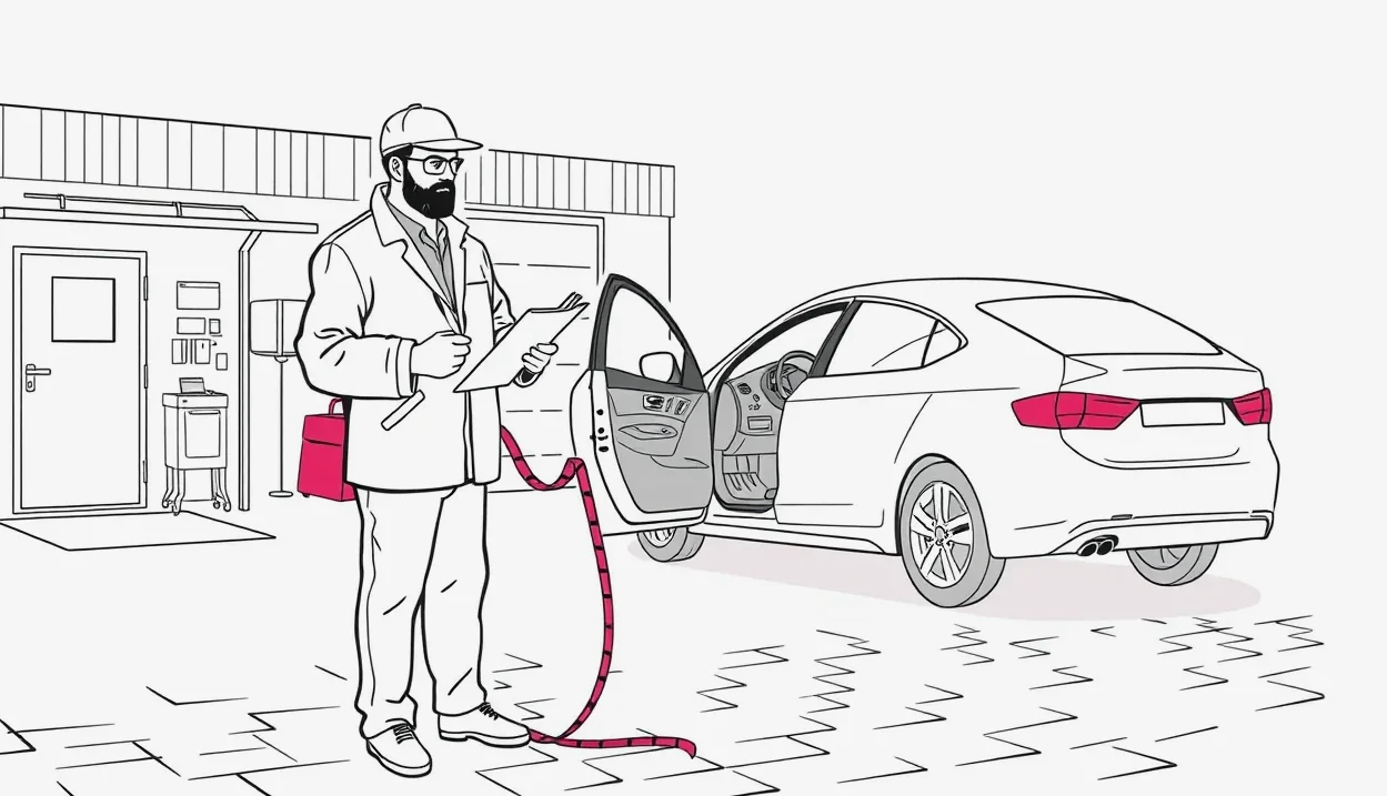 Technik poisťovne vykonáva obhliadku poškodeného automobilu s tabletom v autoservise
