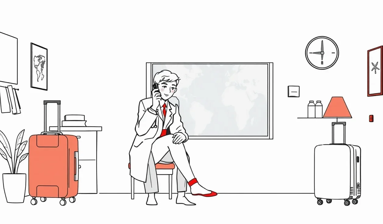 Cestovateľ na letisku kontroluje doklady a podmienky poistenia v telefóne