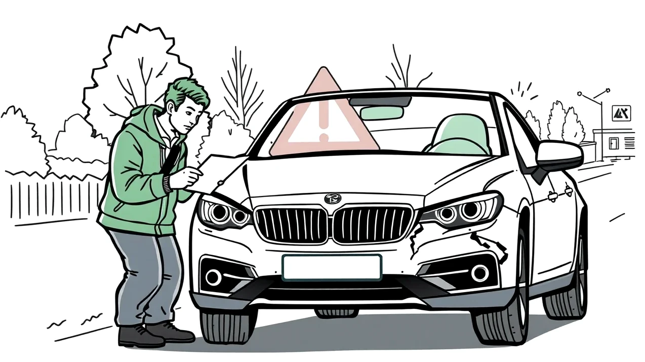Vodič vypĺňa správu o nehode pri poškodenom automobile na krajnici