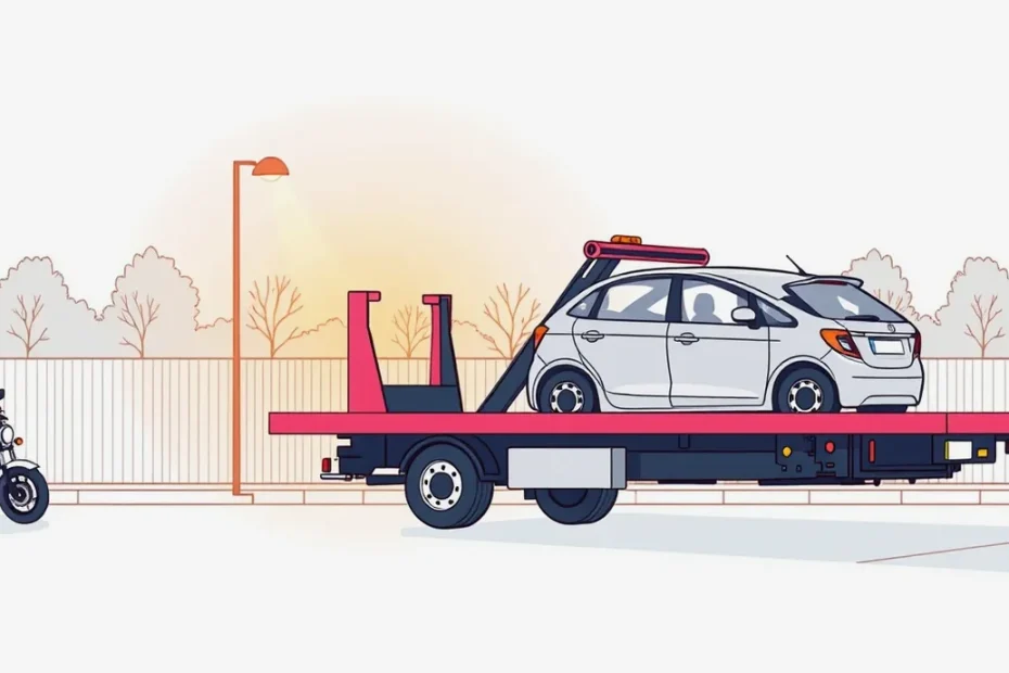 Žlté odťahové vozidlo nakladá nepojazdný osobný automobil na verejnom parkovisku