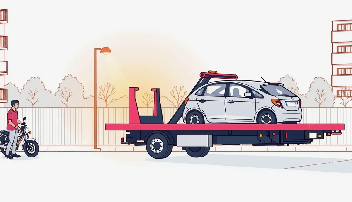 Žlté odťahové vozidlo nakladá nepojazdný osobný automobil na verejnom parkovisku