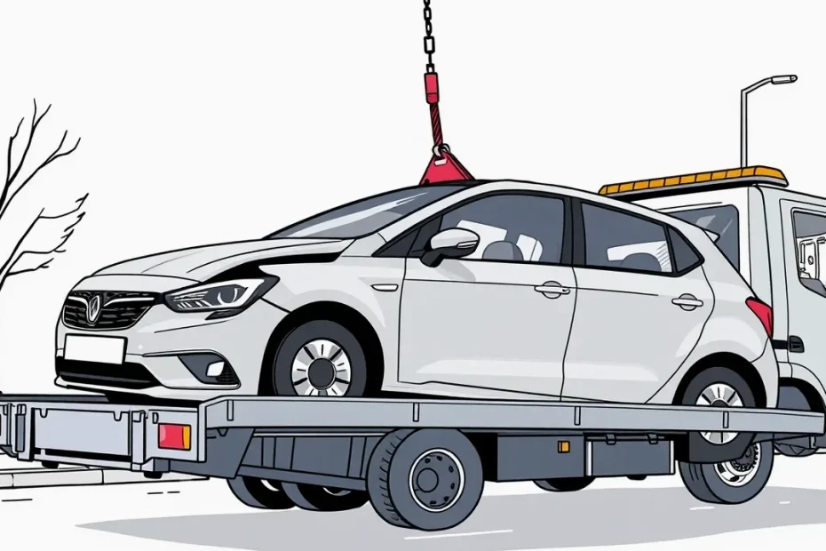 Osobné auto upevnené upínacími popruhmi na ložnej ploche odťahového špeciálu