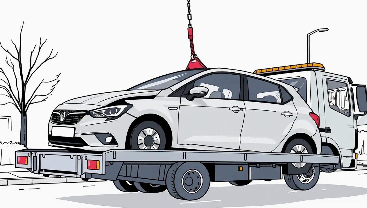 Osobné auto upevnené upínacími popruhmi na ložnej ploche odťahového špeciálu