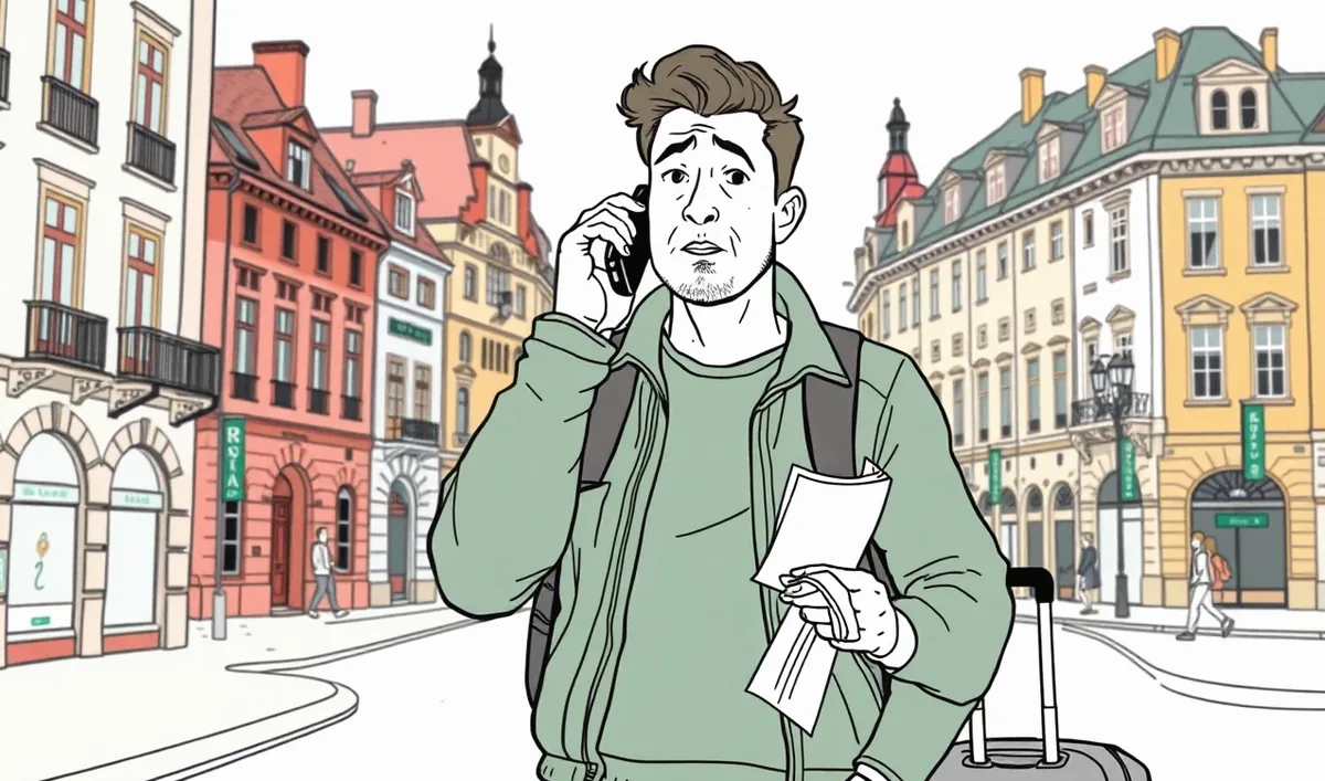 Mladý vodič kontroluje poistnú zmluvu v mobile na odpočívadle pred hranicou