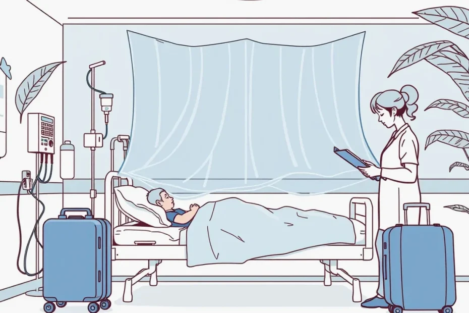 Cestovateľ si v ambulancii prezerá žltý medzinárodný očkovací preukaz s pečiatkou vakcinácie
