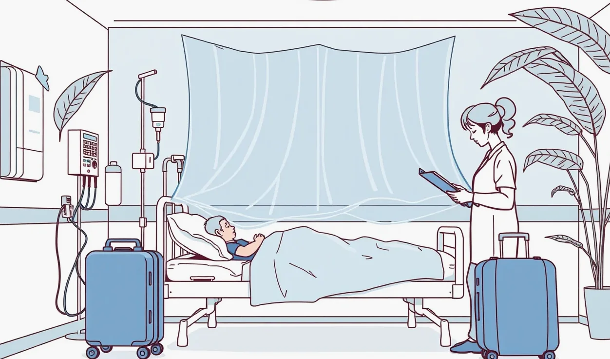 Cestovateľ si v ambulancii prezerá žltý medzinárodný očkovací preukaz s pečiatkou vakcinácie