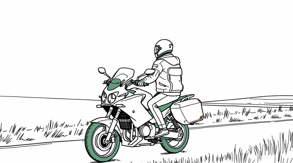 Motocyklista v ochrannej kombinéze kontroluje poškodenie stroja pri krajnici cesty