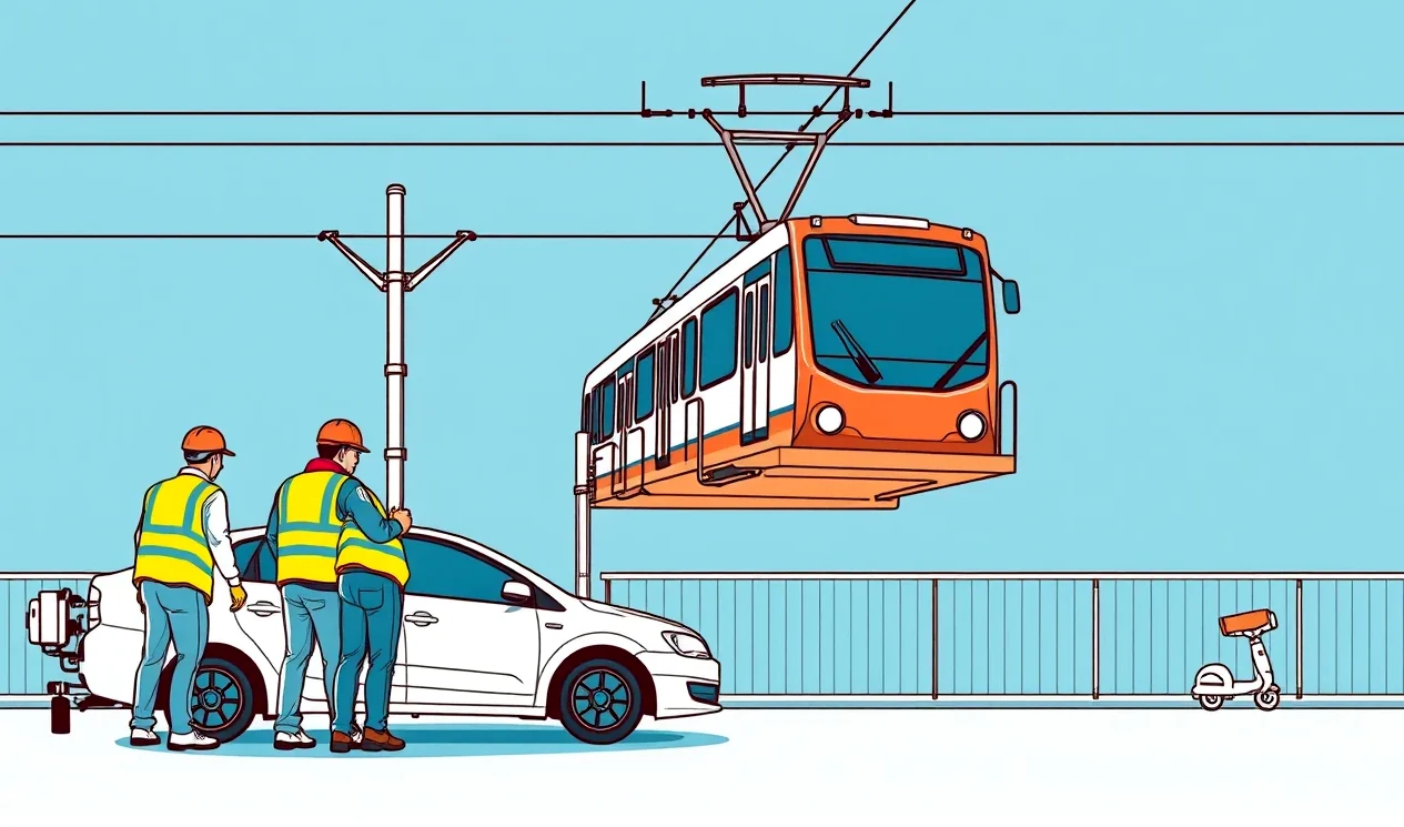 Osobné auto stojace na električkovom koľajovom páse pred prichádzajúcou električkou v meste