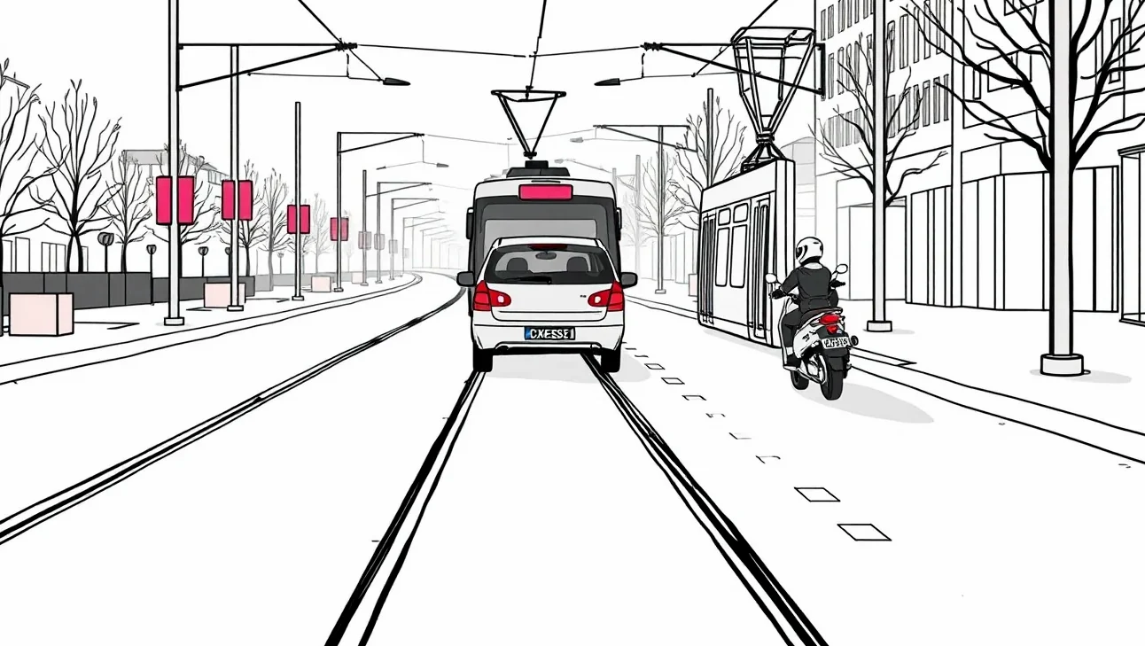Pohľad na trolejové vedenie a koľajové výhybky v mestskej električkovej sieti