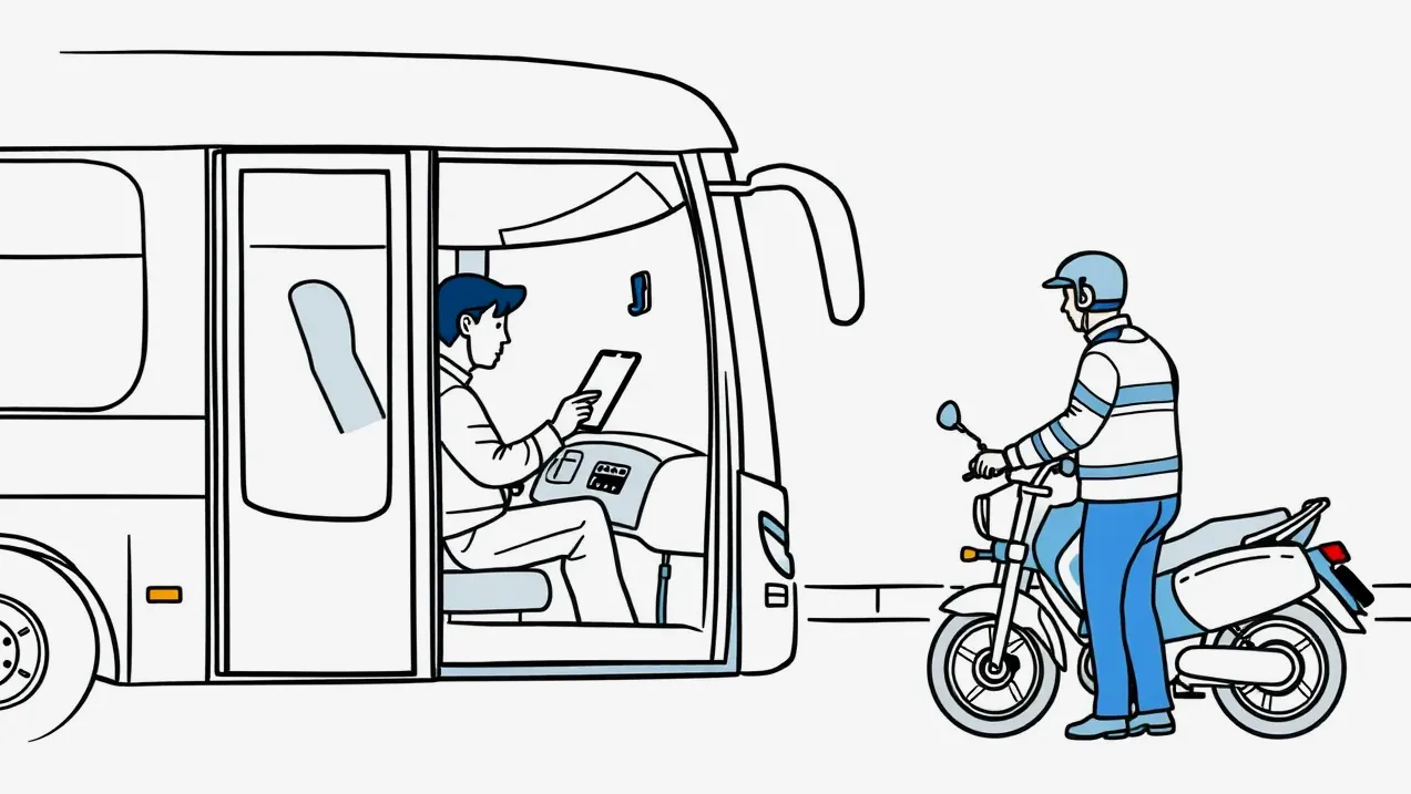 Moderný diaľkový autobus zaparkovaný na firemnom odstavnom parkovisku