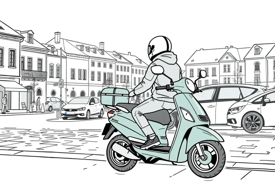 Detail zaparkovaného mestského skútra s objemom motora do 125 kubických centimetrov pri obrubníku
