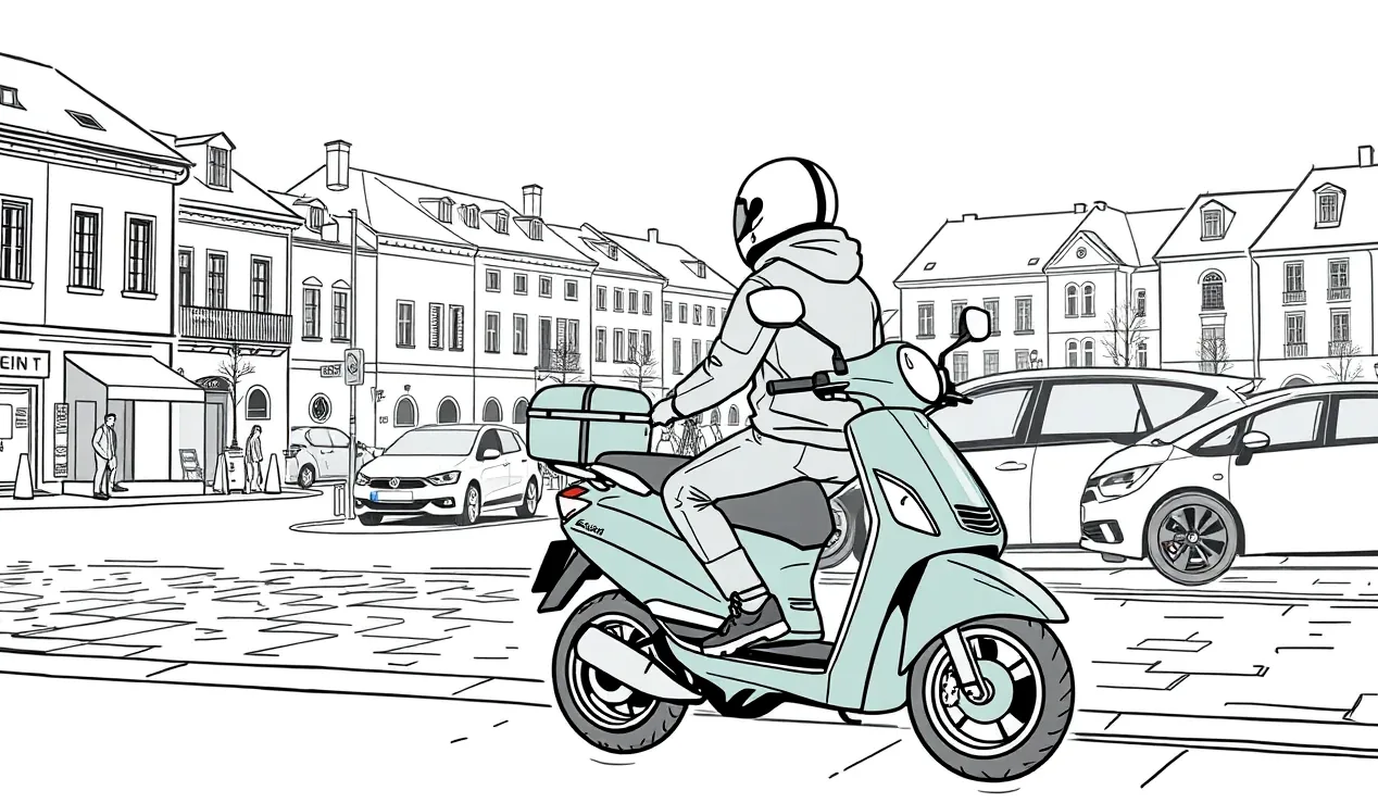 Detail zaparkovaného mestského skútra s objemom motora do 125 kubických centimetrov pri obrubníku