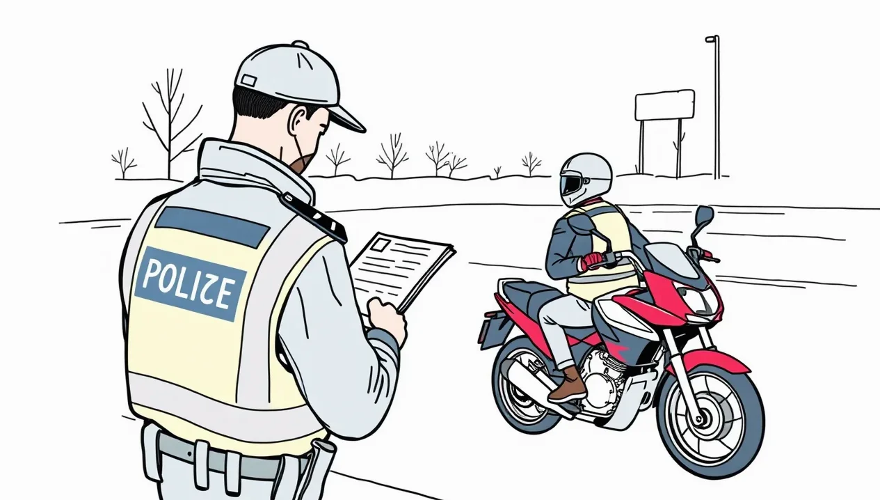 Policajná hliadka kontroluje doklady vodiča ľahkého motocykla pri krajnici cesty