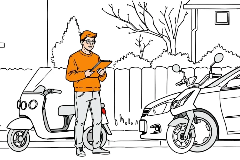 Detail predného kolesa a riadidiel elektrickej seniorskej trojkolky zaparkovanej pred domom