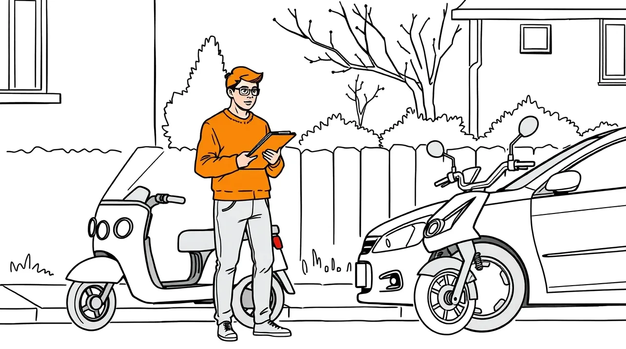 Detail predného kolesa a riadidiel elektrickej seniorskej trojkolky zaparkovanej pred domom