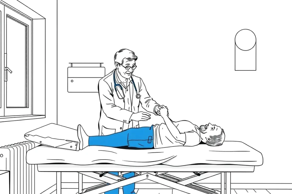 Lekár v ambulancii konzultuje zdravotnú dokumentáciu s pacientom pri vyšetrovacom stole