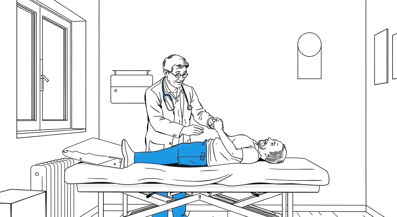 Lekár v ambulancii konzultuje zdravotnú dokumentáciu s pacientom pri vyšetrovacom stole